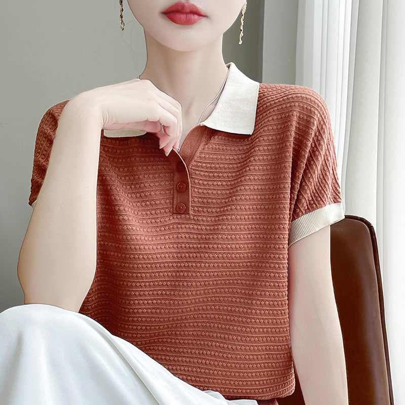 여름 미니멀리즘 패치워크 색상 패션 작은 폴로 칼라 반팔 여성 루즈핏 슬림해 보이는 POLO 칼라 얇은 스타일 얼음 실크 티셔츠 맨위 상세 이미지 5