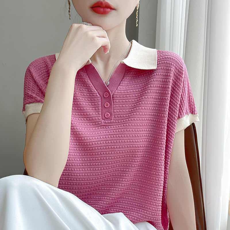 여름 미니멀리즘 패치워크 색상 패션 작은 폴로 칼라 반팔 여성 루즈핏 슬림해 보이는 POLO 칼라 얇은 스타일 얼음 실크 티셔츠 맨위 상세 이미지 7