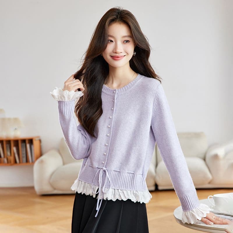 가을 새로운 페이크 레이어드 레이스 측면 길이 소매 짠 셔츠 여성 부드러운 찹쌀 스웨터 허리 수축 슬림해 보이는 쇼트 스타일 오픈 가디건 맨위