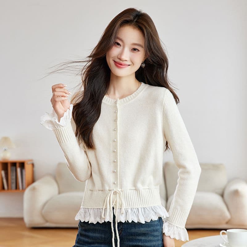 가을 새로운 페이크 레이어드 레이스 측면 길이 소매 짠 셔츠 여성 부드러운 찹쌀 스웨터 허리 수축 슬림해 보이는 쇼트 스타일 오픈 가디건 맨위 이미지 2
