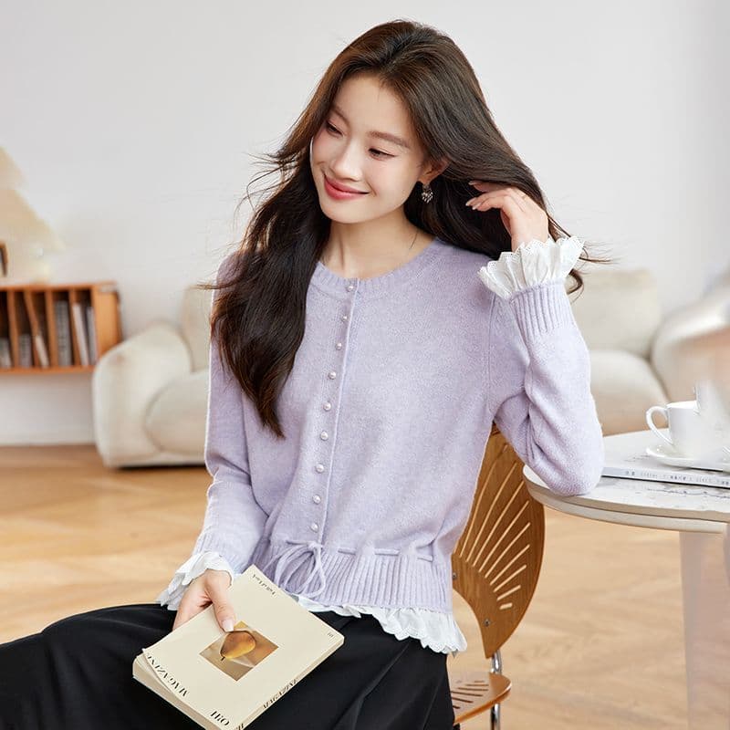 가을 새로운 페이크 레이어드 레이스 측면 길이 소매 짠 셔츠 여성 부드러운 찹쌀 스웨터 허리 수축 슬림해 보이는 쇼트 스타일 오픈 가디건 맨위 이미지 3