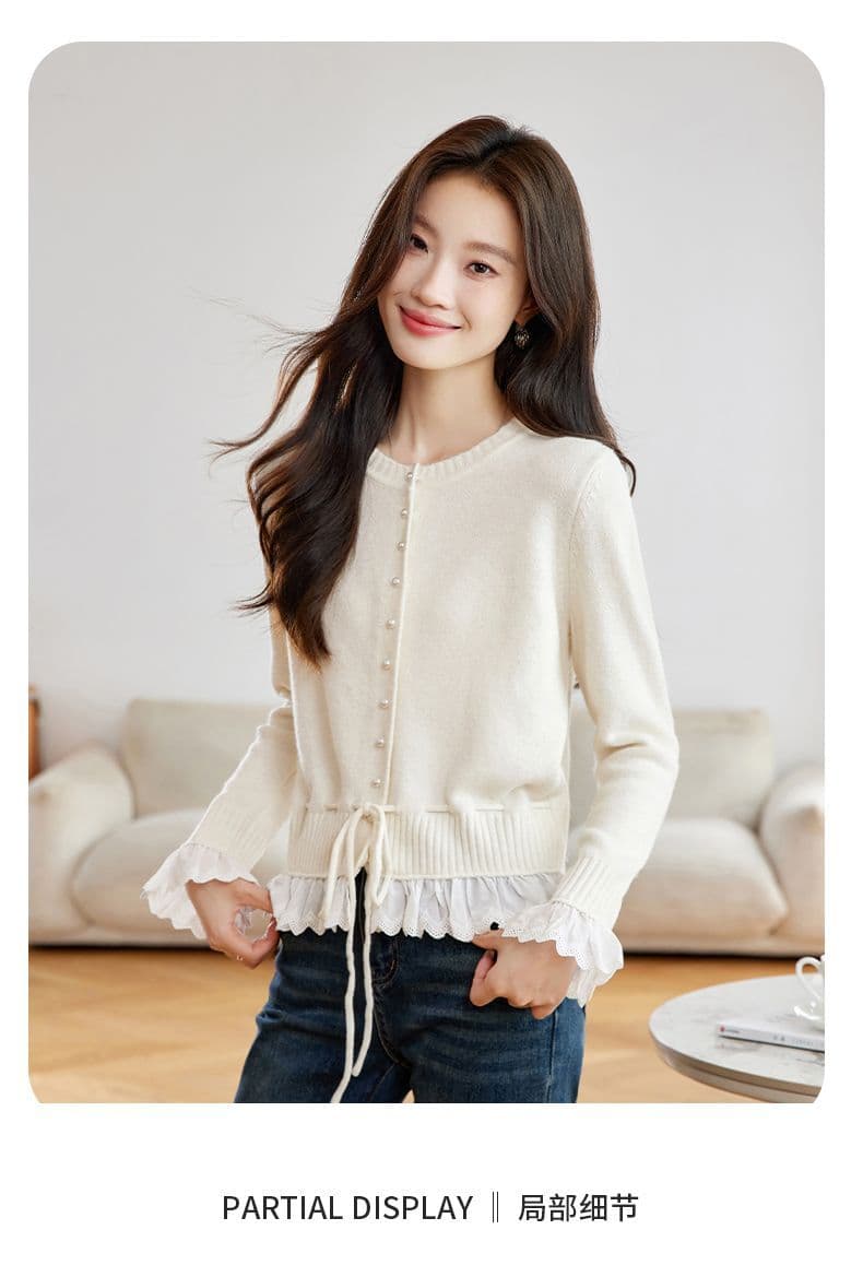가을 새로운 페이크 레이어드 레이스 측면 길이 소매 짠 셔츠 여성 부드러운 찹쌀 스웨터 허리 수축 슬림해 보이는 쇼트 스타일 오픈 가디건 맨위 상세 이미지 3