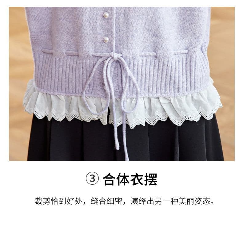 가을 새로운 페이크 레이어드 레이스 측면 길이 소매 짠 셔츠 여성 부드러운 찹쌀 스웨터 허리 수축 슬림해 보이는 쇼트 스타일 오픈 가디건 맨위 상세 이미지 6