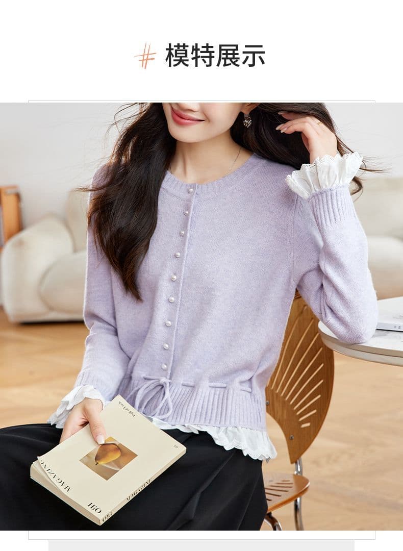 가을 새로운 페이크 레이어드 레이스 측면 길이 소매 짠 셔츠 여성 부드러운 찹쌀 스웨터 허리 수축 슬림해 보이는 쇼트 스타일 오픈 가디건 맨위 상세 이미지 12