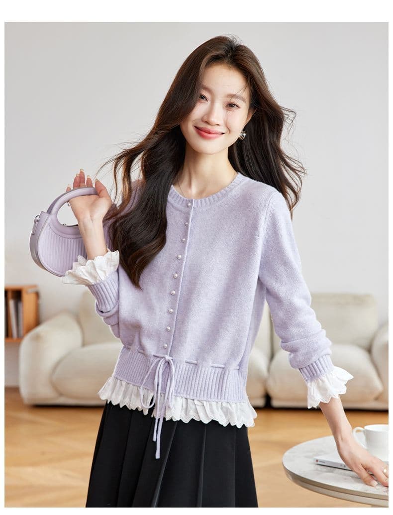 가을 새로운 페이크 레이어드 레이스 측면 길이 소매 짠 셔츠 여성 부드러운 찹쌀 스웨터 허리 수축 슬림해 보이는 쇼트 스타일 오픈 가디건 맨위 상세 이미지 13