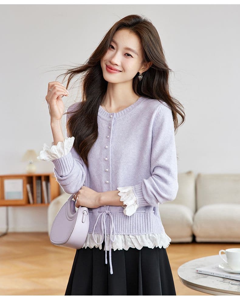 가을 새로운 페이크 레이어드 레이스 측면 길이 소매 짠 셔츠 여성 부드러운 찹쌀 스웨터 허리 수축 슬림해 보이는 쇼트 스타일 오픈 가디건 맨위 상세 이미지 14