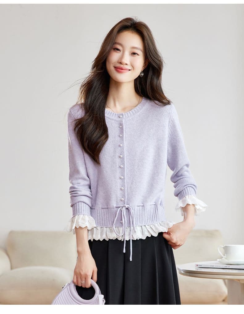 가을 새로운 페이크 레이어드 레이스 측면 길이 소매 짠 셔츠 여성 부드러운 찹쌀 스웨터 허리 수축 슬림해 보이는 쇼트 스타일 오픈 가디건 맨위 상세 이미지 15