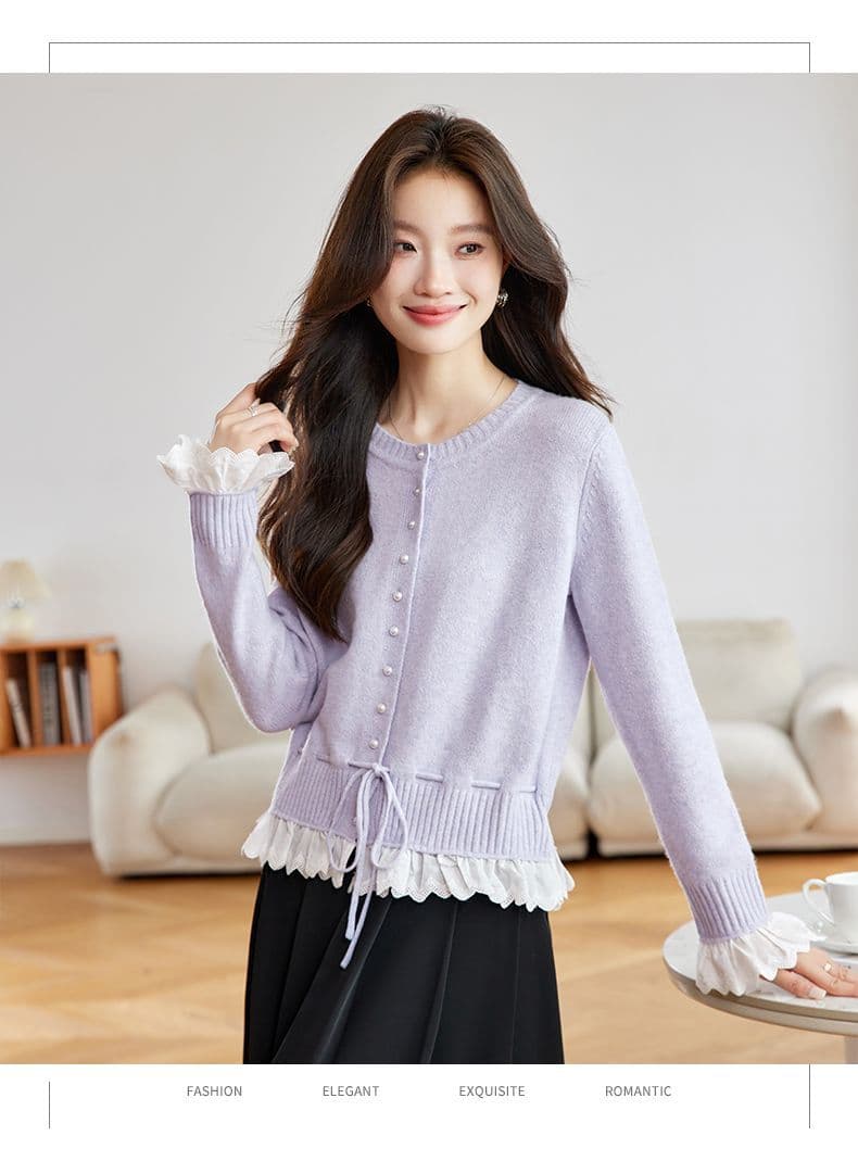 가을 새로운 페이크 레이어드 레이스 측면 길이 소매 짠 셔츠 여성 부드러운 찹쌀 스웨터 허리 수축 슬림해 보이는 쇼트 스타일 오픈 가디건 맨위 상세 이미지 16