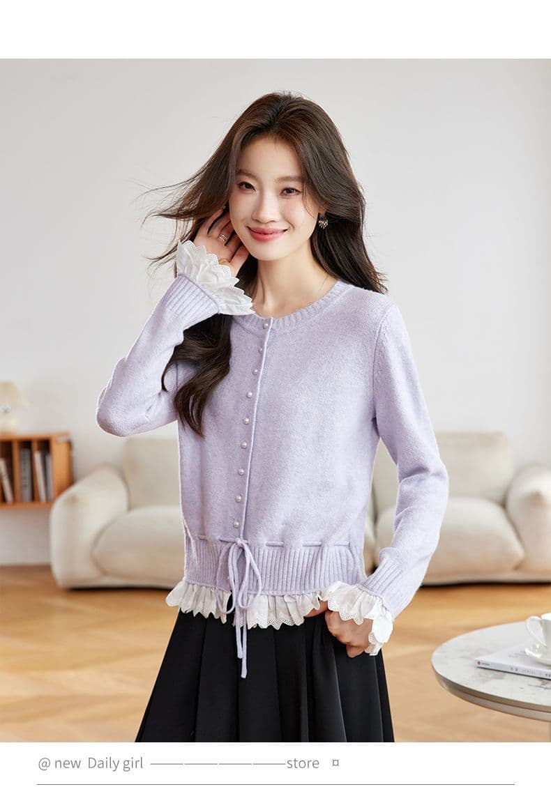 가을 새로운 페이크 레이어드 레이스 측면 길이 소매 짠 셔츠 여성 부드러운 찹쌀 스웨터 허리 수축 슬림해 보이는 쇼트 스타일 오픈 가디건 맨위 상세 이미지 18