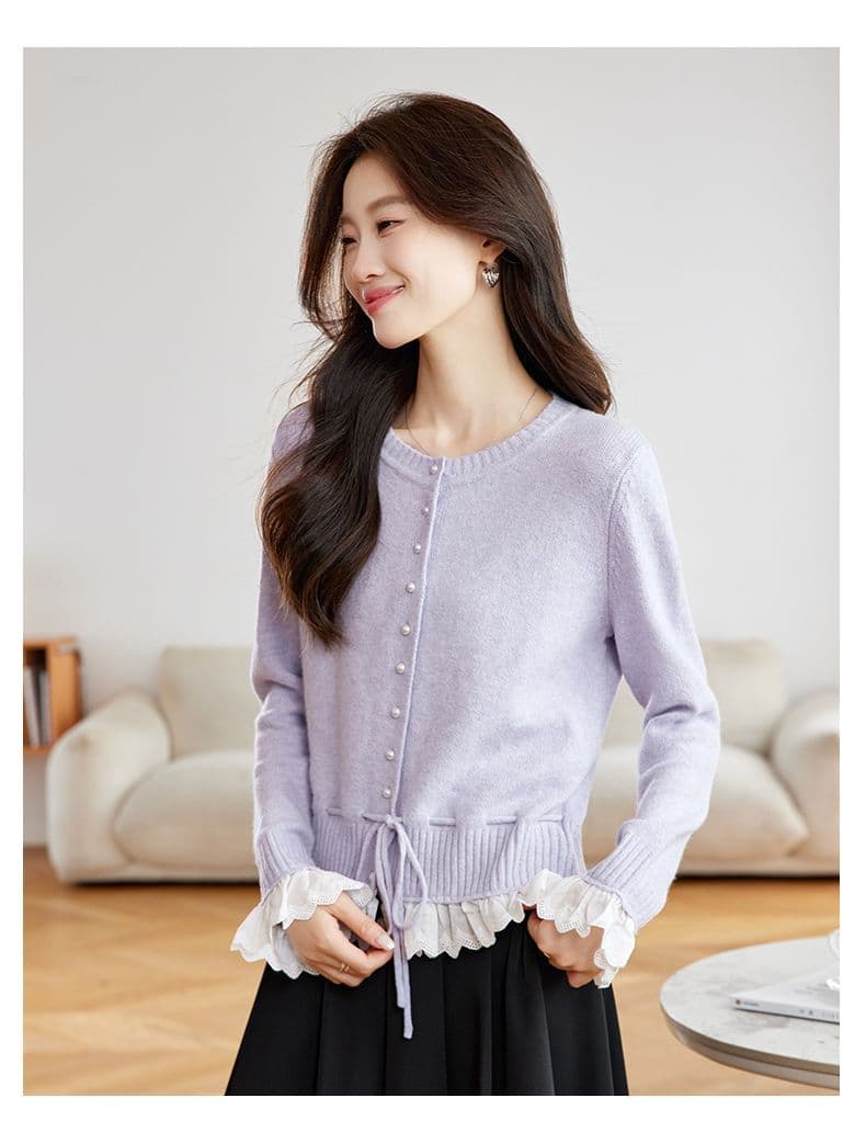 가을 새로운 페이크 레이어드 레이스 측면 길이 소매 짠 셔츠 여성 부드러운 찹쌀 스웨터 허리 수축 슬림해 보이는 쇼트 스타일 오픈 가디건 맨위 상세 이미지 19