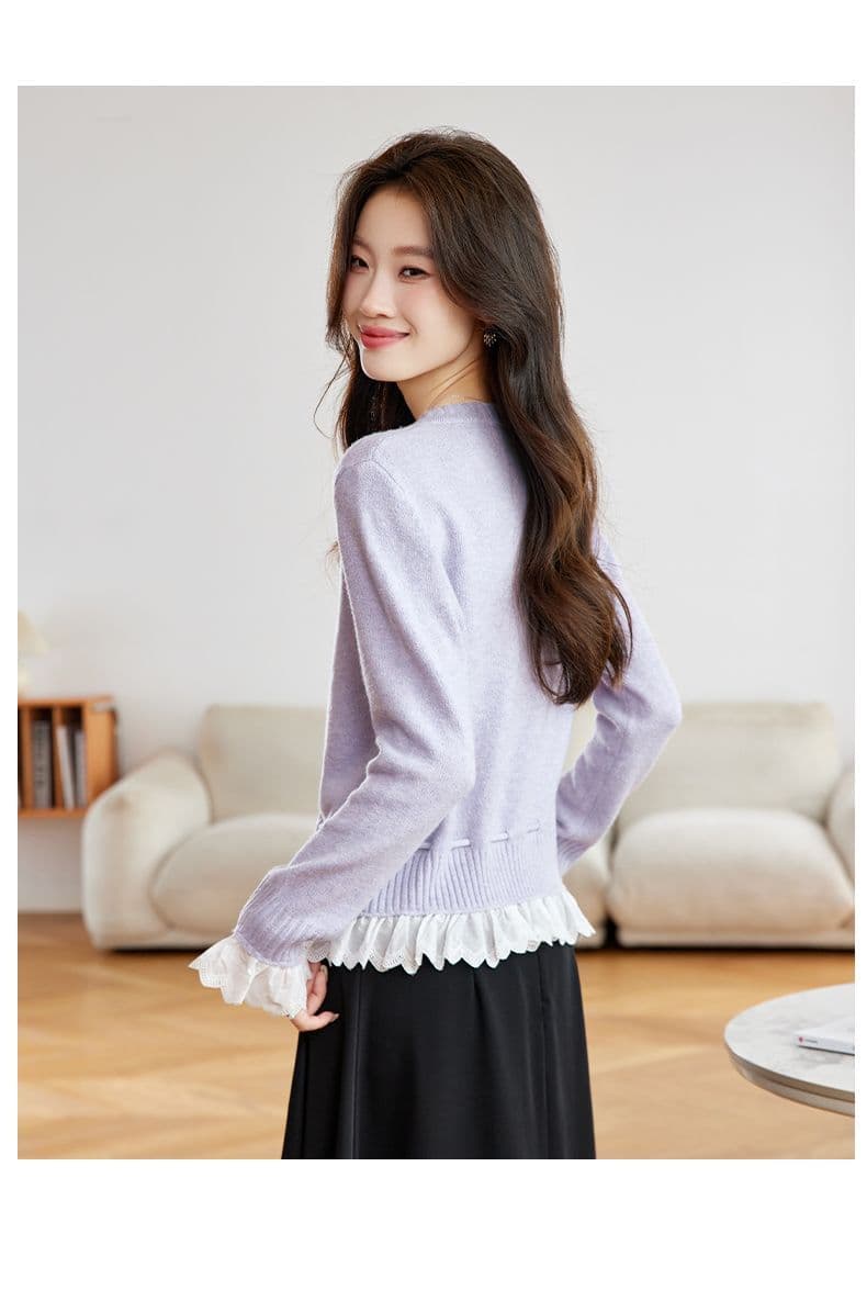 가을 새로운 페이크 레이어드 레이스 측면 길이 소매 짠 셔츠 여성 부드러운 찹쌀 스웨터 허리 수축 슬림해 보이는 쇼트 스타일 오픈 가디건 맨위 상세 이미지 20