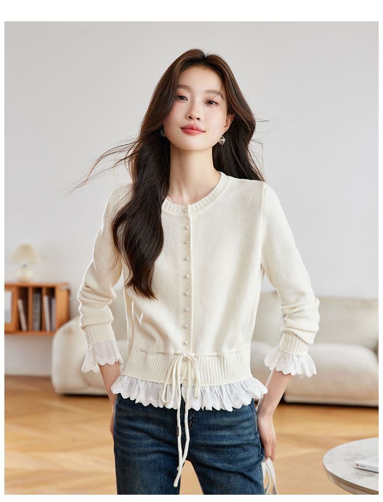 가을 새로운 페이크 레이어드 레이스 측면 길이 소매 짠 셔츠 여성 부드러운 찹쌀 스웨터 허리 수축 슬림해 보이는 쇼트 스타일 오픈 가디건 맨위 상세 이미지 21