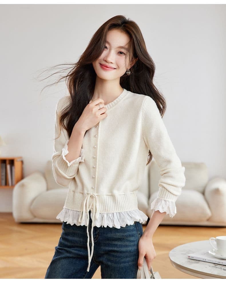 가을 새로운 페이크 레이어드 레이스 측면 길이 소매 짠 셔츠 여성 부드러운 찹쌀 스웨터 허리 수축 슬림해 보이는 쇼트 스타일 오픈 가디건 맨위 상세 이미지 22