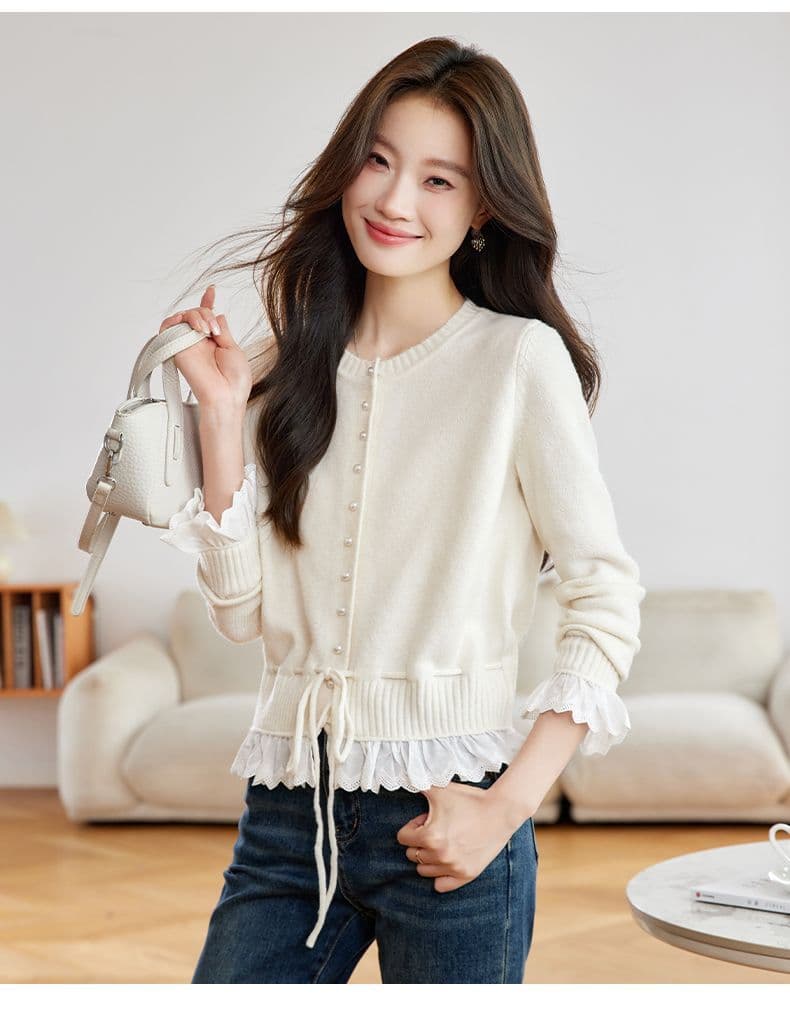가을 새로운 페이크 레이어드 레이스 측면 길이 소매 짠 셔츠 여성 부드러운 찹쌀 스웨터 허리 수축 슬림해 보이는 쇼트 스타일 오픈 가디건 맨위 상세 이미지 23