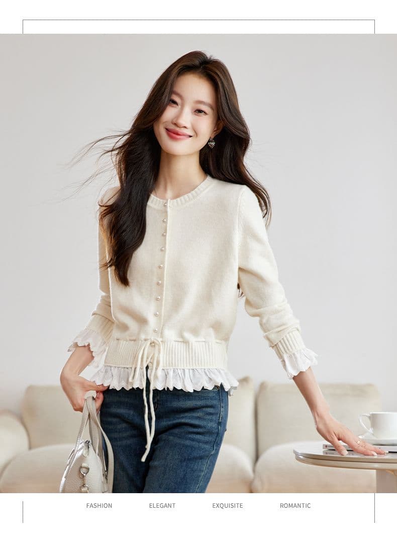 가을 새로운 페이크 레이어드 레이스 측면 길이 소매 짠 셔츠 여성 부드러운 찹쌀 스웨터 허리 수축 슬림해 보이는 쇼트 스타일 오픈 가디건 맨위 상세 이미지 24