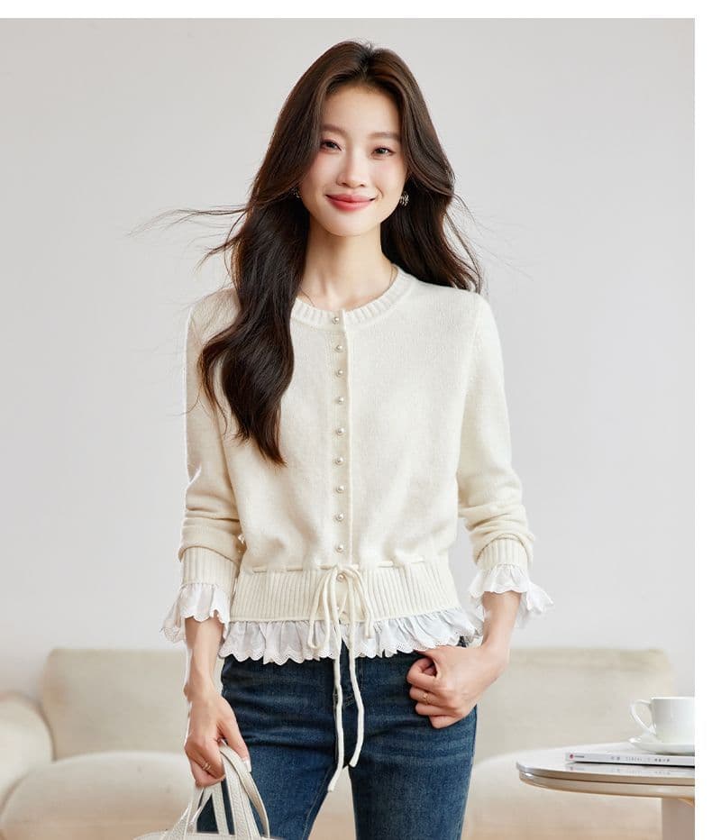 가을 새로운 페이크 레이어드 레이스 측면 길이 소매 짠 셔츠 여성 부드러운 찹쌀 스웨터 허리 수축 슬림해 보이는 쇼트 스타일 오픈 가디건 맨위 상세 이미지 25