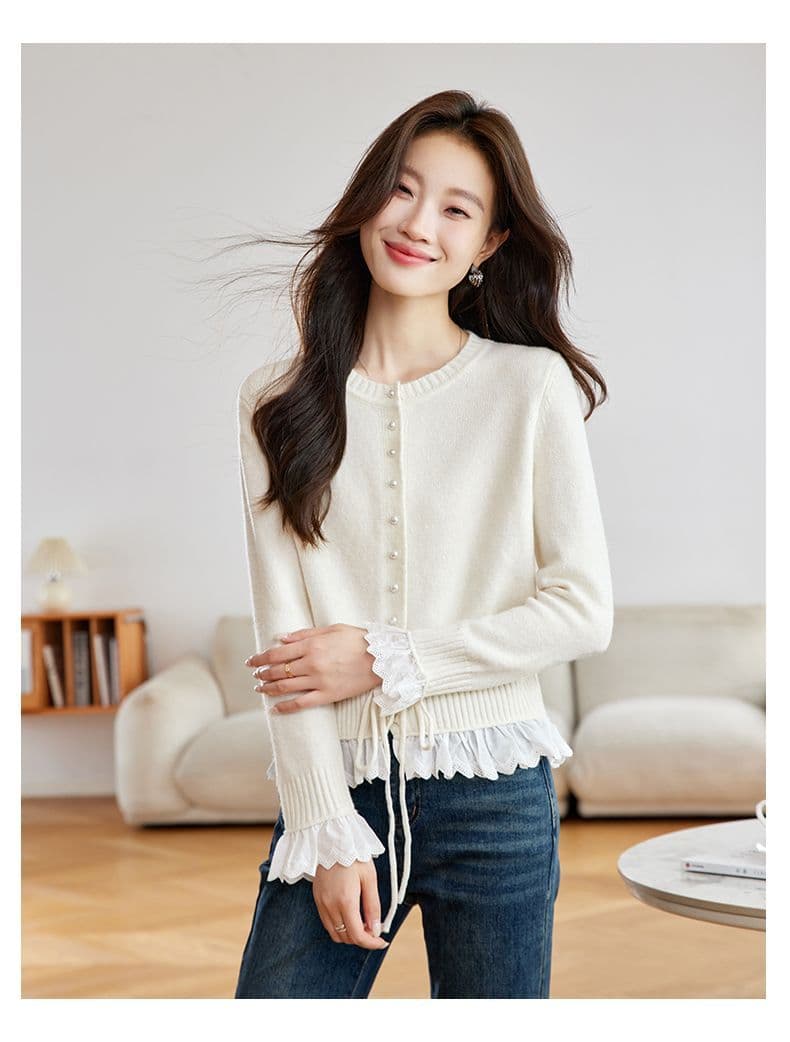 가을 새로운 페이크 레이어드 레이스 측면 길이 소매 짠 셔츠 여성 부드러운 찹쌀 스웨터 허리 수축 슬림해 보이는 쇼트 스타일 오픈 가디건 맨위 상세 이미지 27