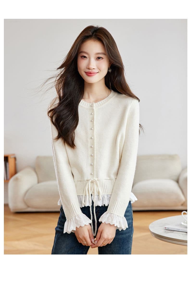 가을 새로운 페이크 레이어드 레이스 측면 길이 소매 짠 셔츠 여성 부드러운 찹쌀 스웨터 허리 수축 슬림해 보이는 쇼트 스타일 오픈 가디건 맨위 상세 이미지 28