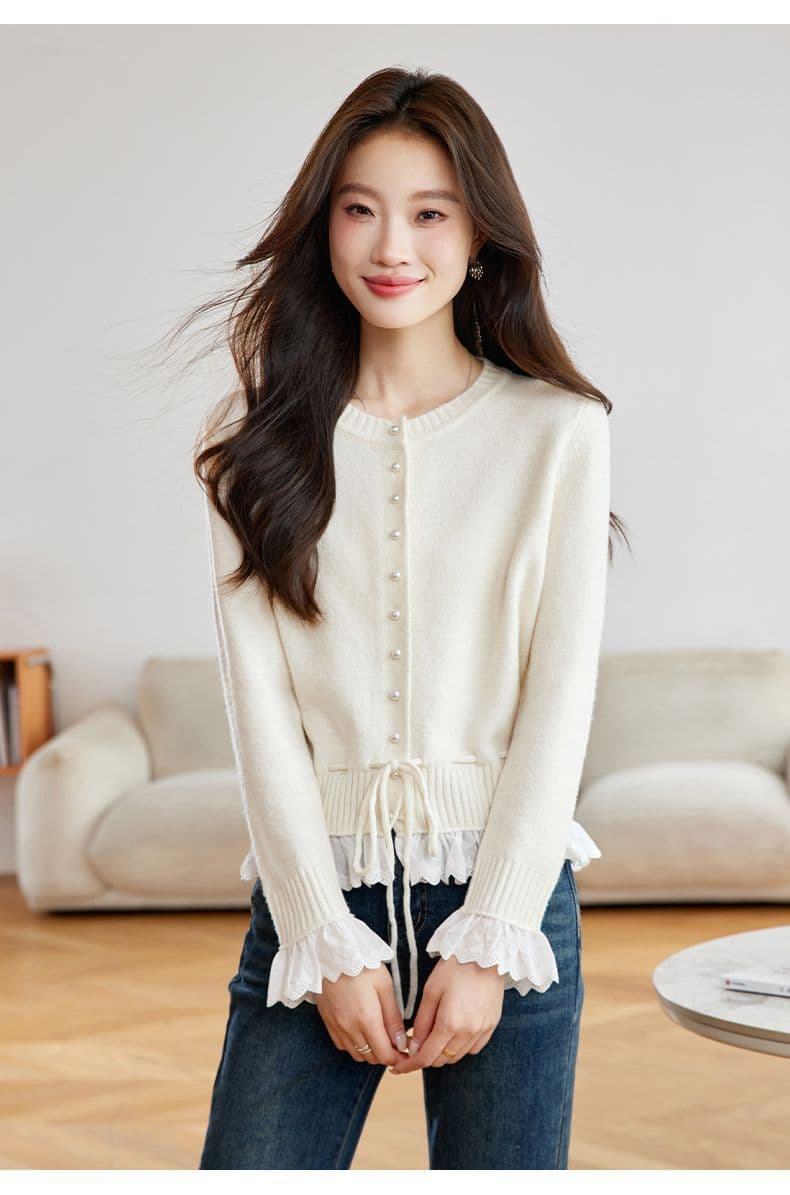가을 새로운 페이크 레이어드 레이스 측면 길이 소매 짠 셔츠 여성 부드러운 찹쌀 스웨터 허리 수축 슬림해 보이는 쇼트 스타일 오픈 가디건 맨위 상세 이미지 29