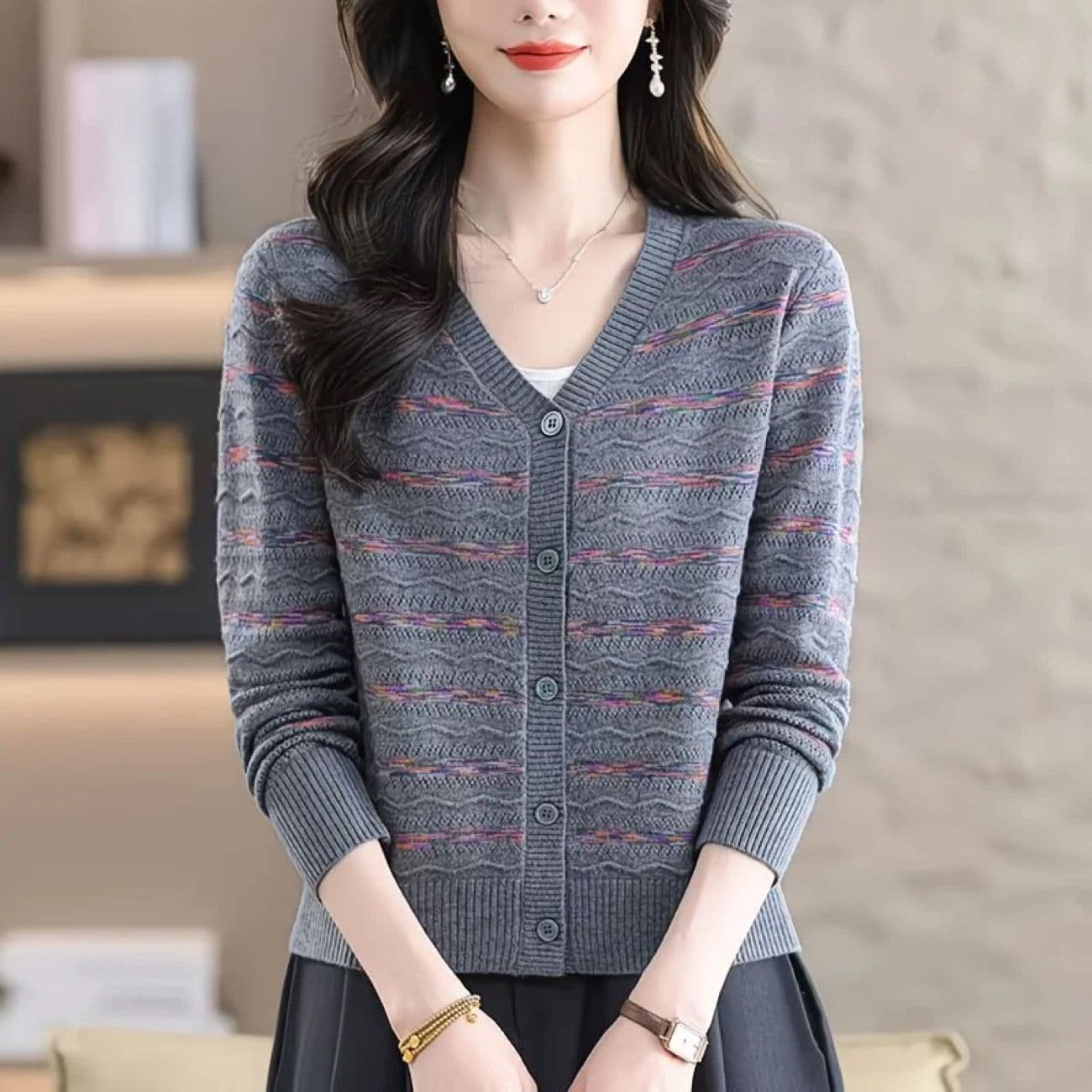 V넥 스트라이프 양모 니트 오픈 가디건 봄 가을 새로운 패션 빅 사이즈 루즈핏 슬림해 보이는 연령 감소 외국 가스 스웨터 코트