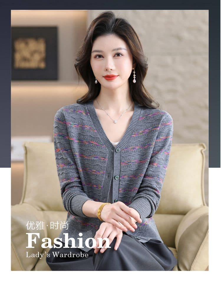 V넥 스트라이프 양모 니트 오픈 가디건 봄 가을 새로운 패션 빅 사이즈 루즈핏 슬림해 보이는 연령 감소 외국 가스 스웨터 코트 상세 이미지 1