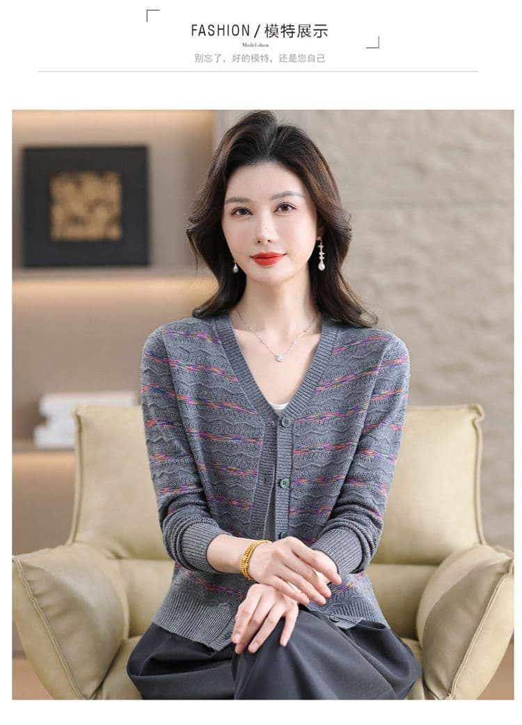 V넥 스트라이프 양모 니트 오픈 가디건 봄 가을 새로운 패션 빅 사이즈 루즈핏 슬림해 보이는 연령 감소 외국 가스 스웨터 코트 상세 이미지 9