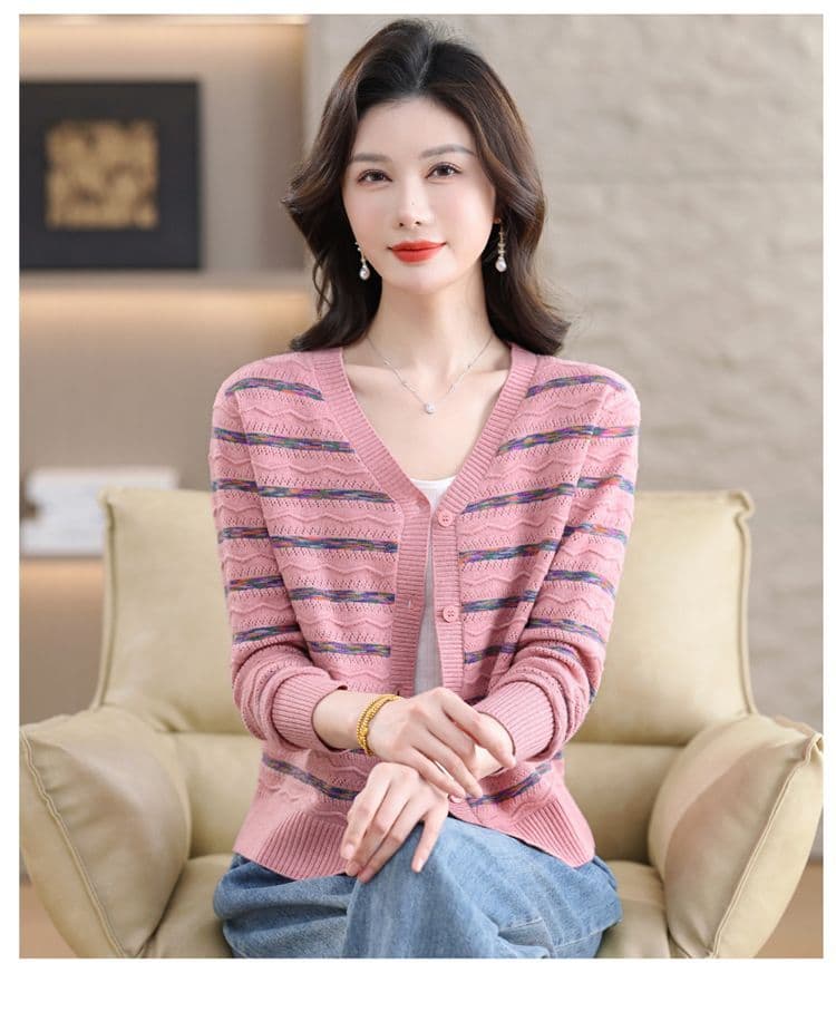 V넥 스트라이프 양모 니트 오픈 가디건 봄 가을 새로운 패션 빅 사이즈 루즈핏 슬림해 보이는 연령 감소 외국 가스 스웨터 코트 상세 이미지 14