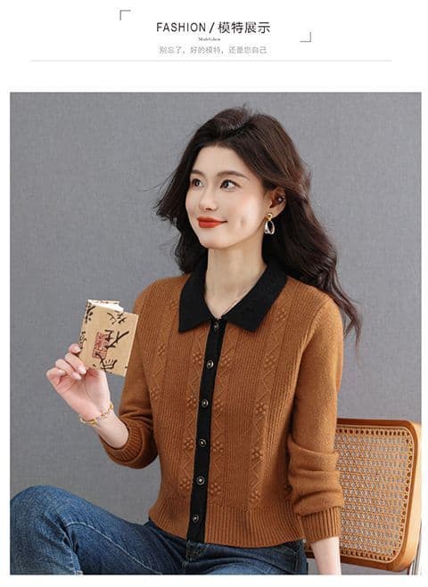 가을 의상 하이웨이스트 쇼트 스타일 스웨터 여자 새로운 니트 오픈 가디건 패치워크 색상 패션 외국 가스 작은 키 탑 옷깃 재킷 상세 이미지 8