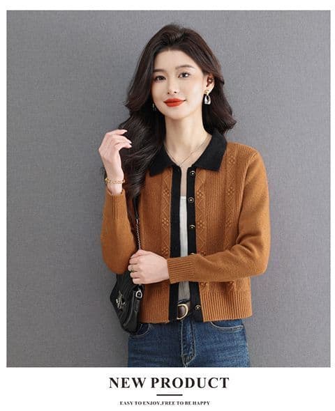 가을 의상 하이웨이스트 쇼트 스타일 스웨터 여자 새로운 니트 오픈 가디건 패치워크 색상 패션 외국 가스 작은 키 탑 옷깃 재킷 상세 이미지 10