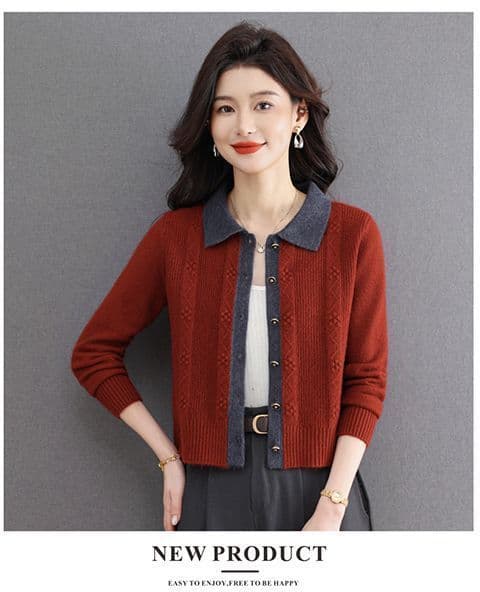 가을 의상 하이웨이스트 쇼트 스타일 스웨터 여자 새로운 니트 오픈 가디건 패치워크 색상 패션 외국 가스 작은 키 탑 옷깃 재킷 상세 이미지 20