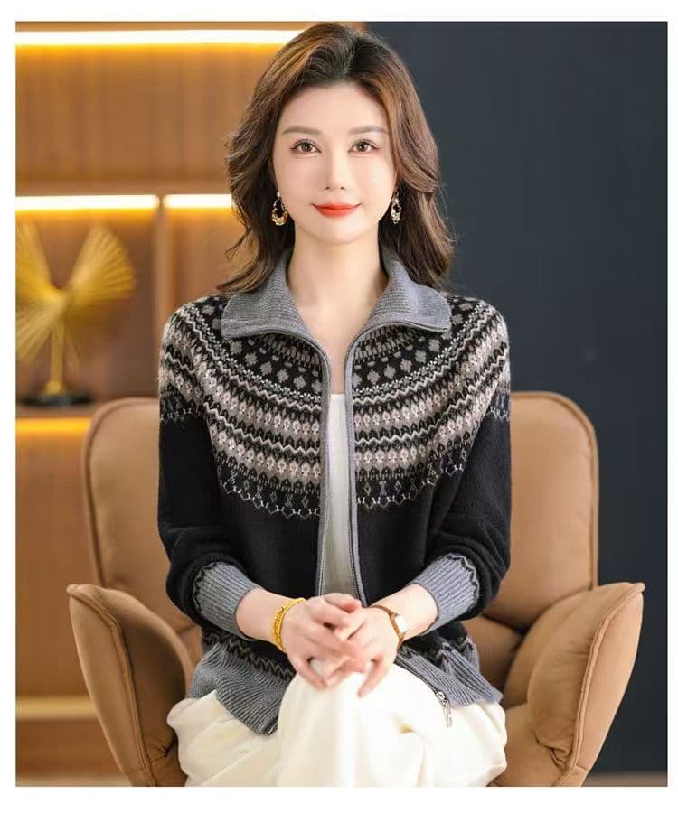 레트로 자카드 지퍼 니트 오픈 가디건 여성 봄 가을 빛 럭셔리 고급 스웨터 코트 외국 가스 연령 감소 다용도 니트 스웨터 상세 이미지 13