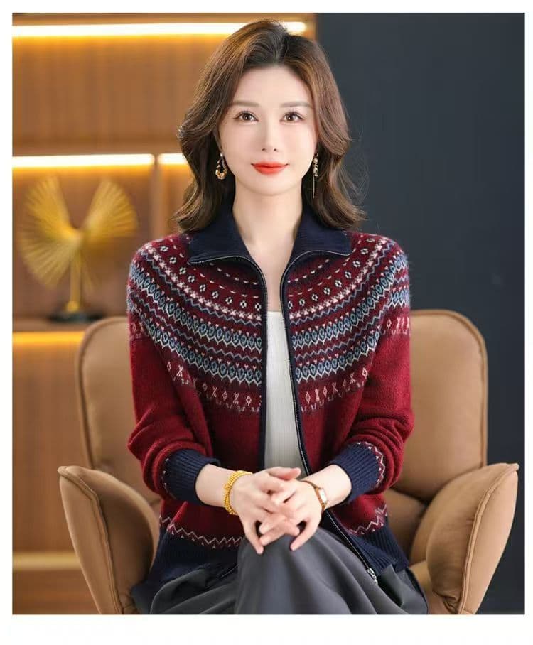 레트로 자카드 지퍼 니트 오픈 가디건 여성 봄 가을 빛 럭셔리 고급 스웨터 코트 외국 가스 연령 감소 다용도 니트 스웨터 상세 이미지 23