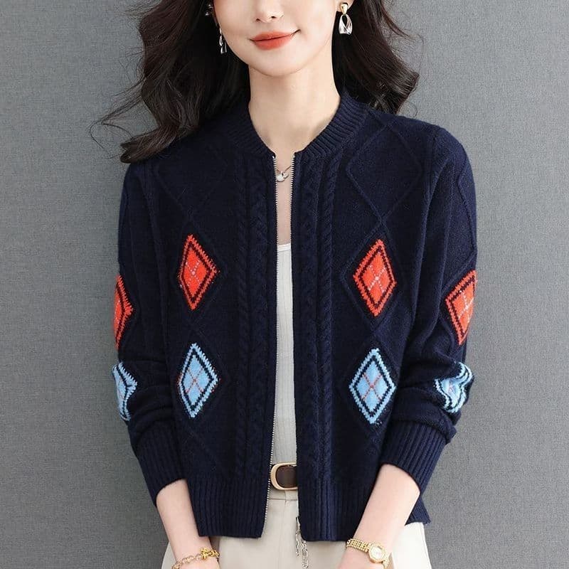 새로운 다이아몬드 모양 그리드 오픈 가디건 봄 가을 라운드 넥 지퍼 스웨터 캐주얼 다용도 슬림해 보이는 두꺼운 니트 스웨터 작은 외투 이미지 5