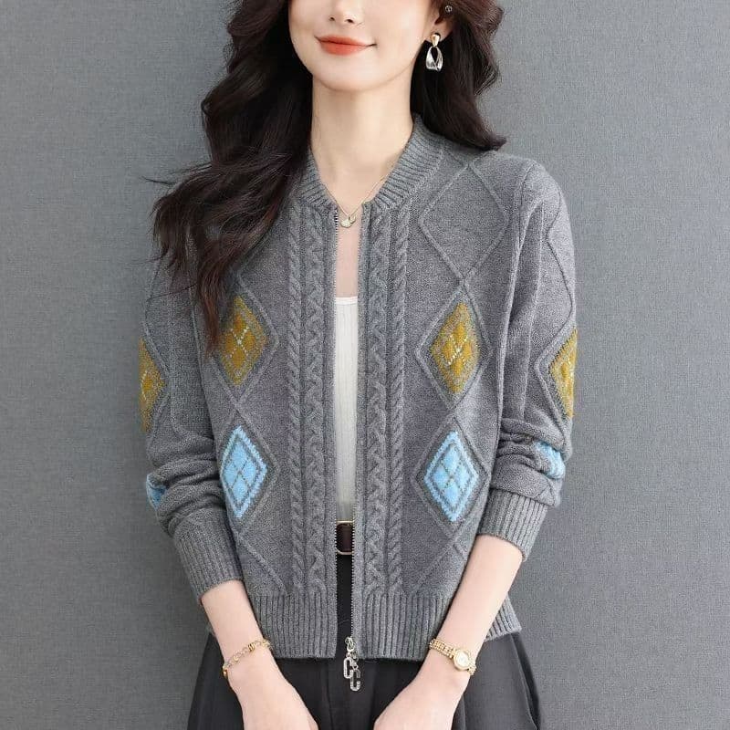 새로운 다이아몬드 모양 그리드 오픈 가디건 봄 가을 라운드 넥 지퍼 스웨터 캐주얼 다용도 슬림해 보이는 두꺼운 니트 스웨터 작은 외투