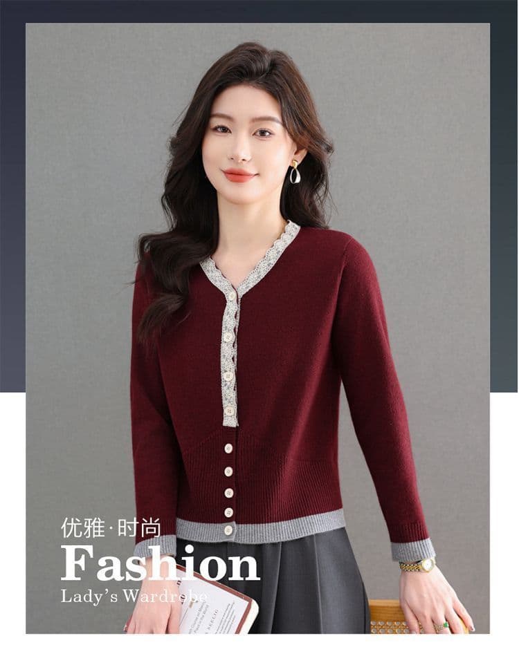 봄 가을 새로운 레이스 칼라 패치워크 오픈 가디건 여성 의류 니트 스웨터 페이크 레이어드 다용도 슬림해 보이는 기본 셔츠 맨위 여성 상세 이미지 1