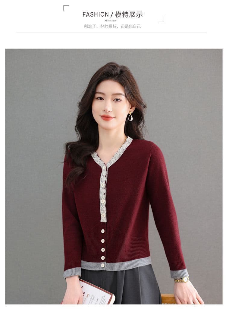 봄 가을 새로운 레이스 칼라 패치워크 오픈 가디건 여성 의류 니트 스웨터 페이크 레이어드 다용도 슬림해 보이는 기본 셔츠 맨위 여성 상세 이미지 7