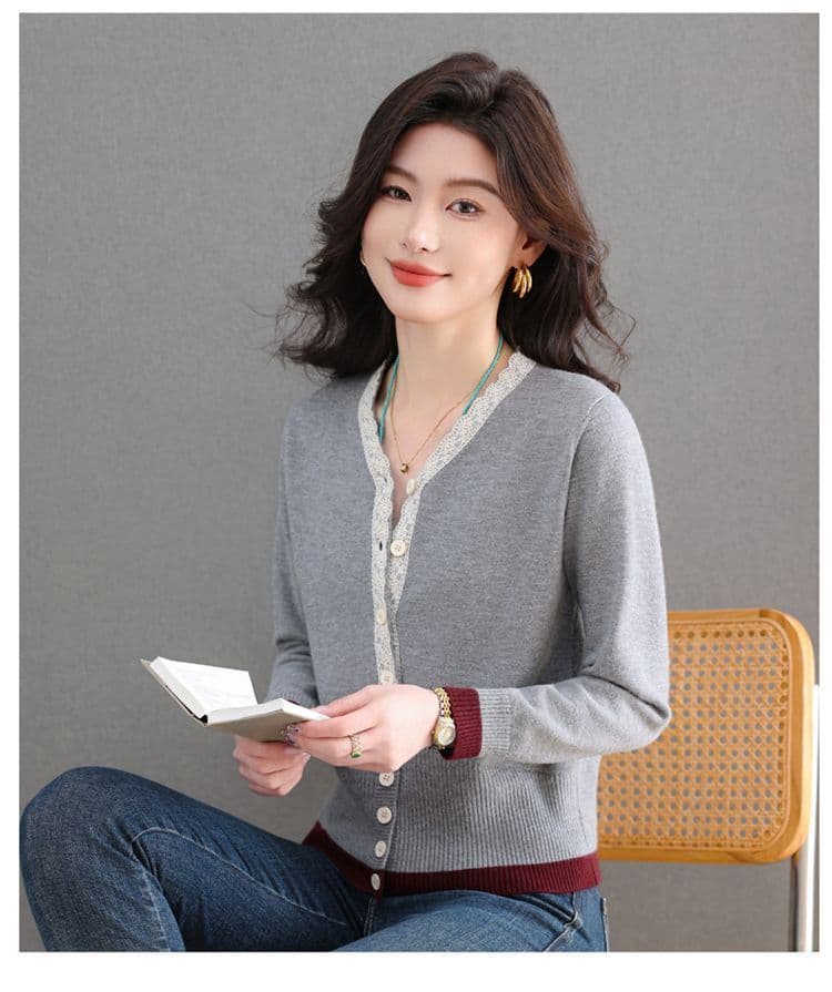 봄 가을 새로운 레이스 칼라 패치워크 오픈 가디건 여성 의류 니트 스웨터 페이크 레이어드 다용도 슬림해 보이는 기본 셔츠 맨위 여성 상세 이미지 11