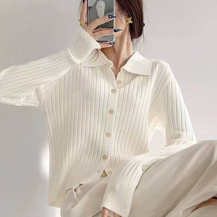 프랑스식 polo 폴로 칼라 니트 오픈 가디건 스웨터 여성 코트 가을 겨울 디자인 센스 작은 대중 몸매 가꾸기 쇼트 스타일 긴팔 맨위