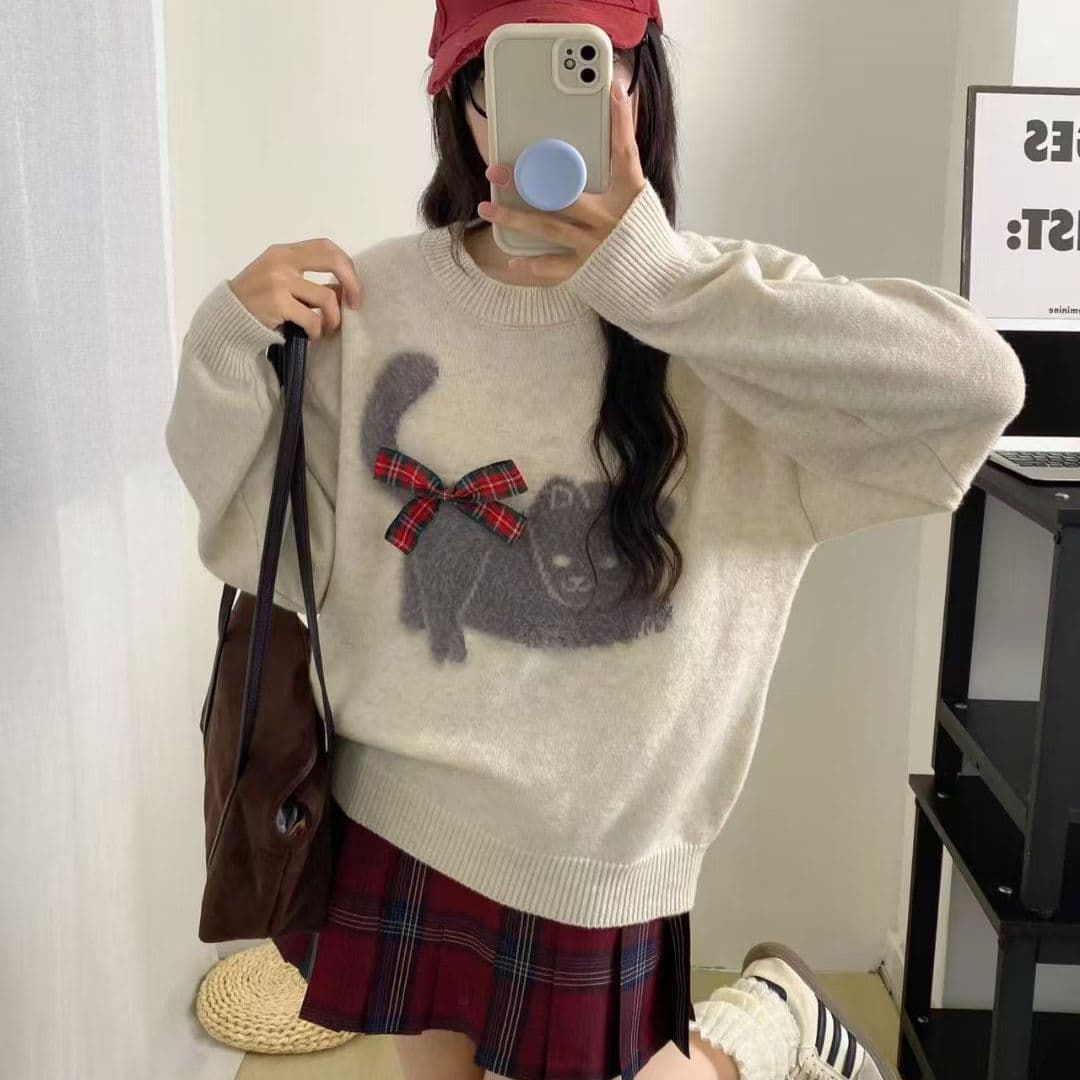 고양이 자카드 나비 매듭 라운드 넥 스웨터 여자 가을 겨울철 느긋한 바람 부드러운 찹쌀 루즈핏 풀오버 두꺼운 니트 맨위 이미지 4