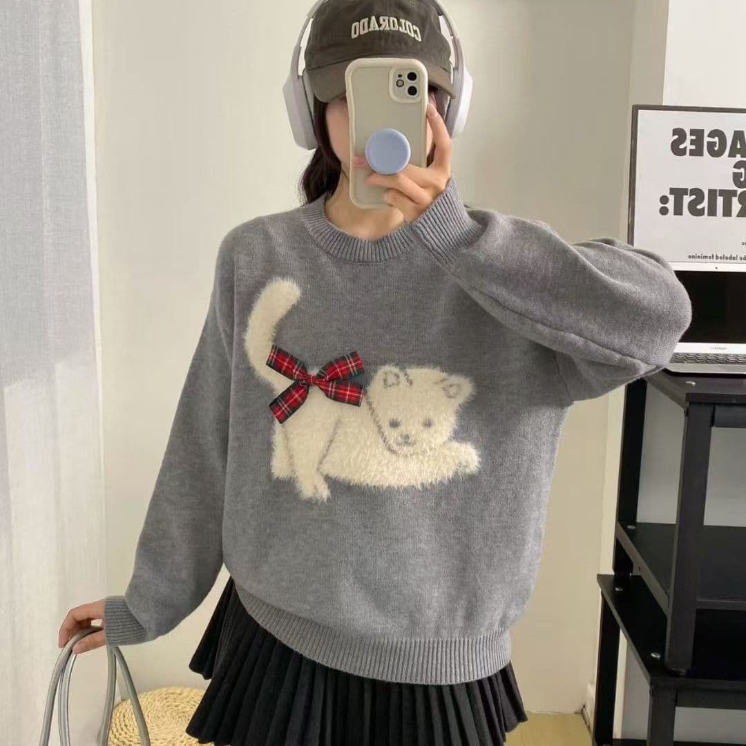 고양이 자카드 나비 매듭 라운드 넥 스웨터 여자 가을 겨울철 느긋한 바람 부드러운 찹쌀 루즈핏 풀오버 두꺼운 니트 맨위