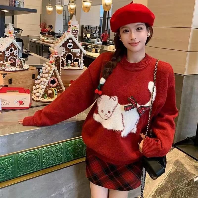 고양이 자카드 나비 매듭 라운드 넥 스웨터 여자 가을 겨울철 느긋한 바람 부드러운 찹쌀 루즈핏 풀오버 두꺼운 니트 맨위 상세 이미지 4