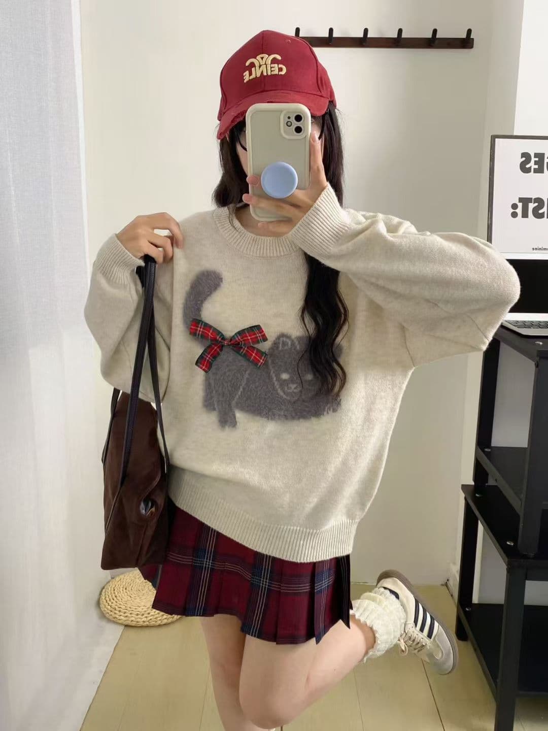 고양이 자카드 나비 매듭 라운드 넥 스웨터 여자 가을 겨울철 느긋한 바람 부드러운 찹쌀 루즈핏 풀오버 두꺼운 니트 맨위 상세 이미지 7