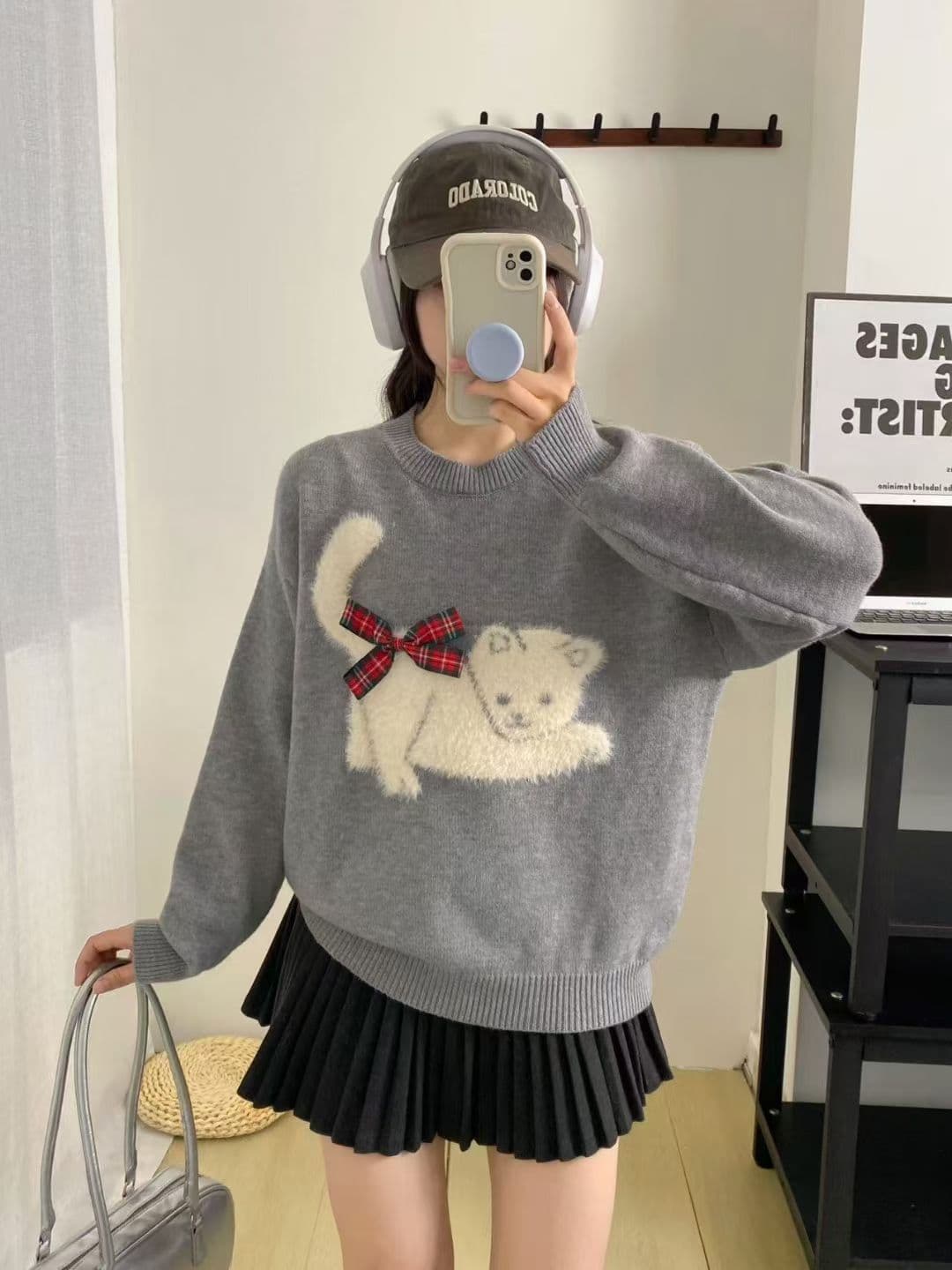 고양이 자카드 나비 매듭 라운드 넥 스웨터 여자 가을 겨울철 느긋한 바람 부드러운 찹쌀 루즈핏 풀오버 두꺼운 니트 맨위 상세 이미지 8
