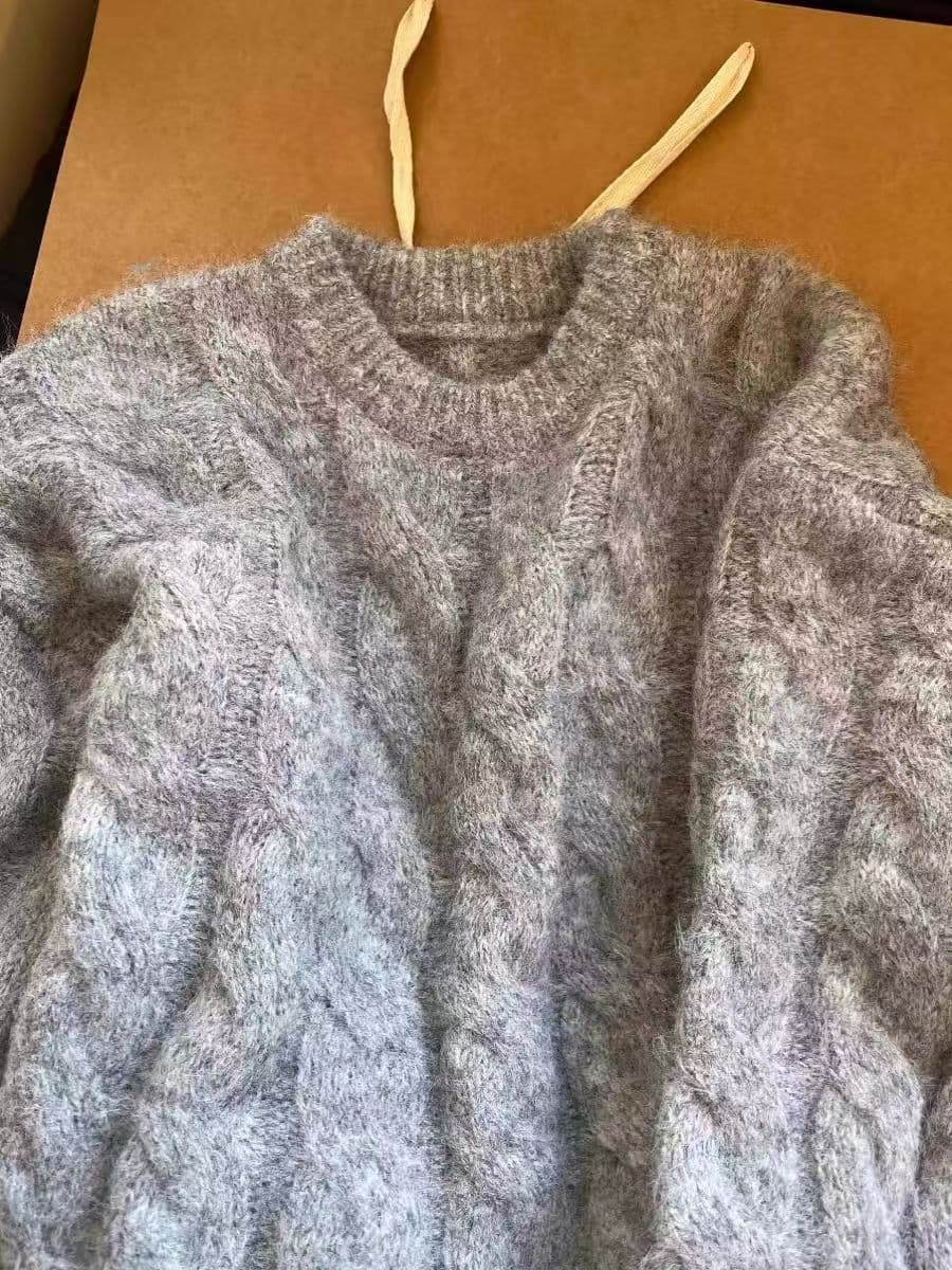 느긋한 바람 회색 커프스 레이스 측면 꽈배기 스웨터 여자 가을 겨울 레트로 부드러운 찹쌀 루즈핏 슬림해 보이는 외출용 맨위 여성 상세 이미지 19
