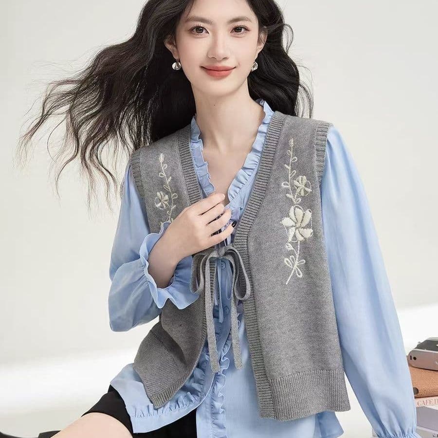 한 부서 패션 문예 자수 레트로 니트 베스트 자이언트 잘 생긴 새로운 중식 무거운 작업 쇼트 스타일 조끼 민소매 여성 상세 이미지 4