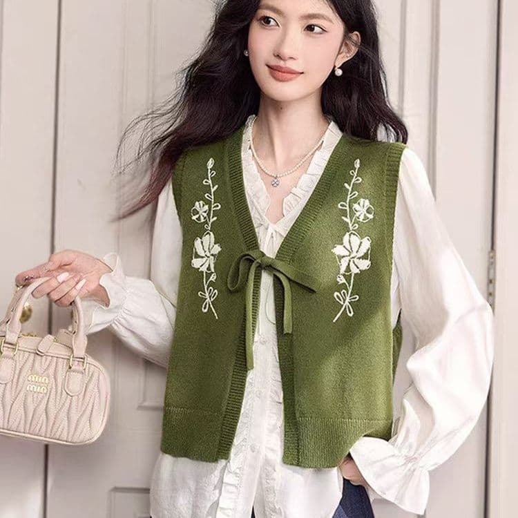 한 부서 패션 문예 자수 레트로 니트 베스트 자이언트 잘 생긴 새로운 중식 무거운 작업 쇼트 스타일 조끼 민소매 여성 상세 이미지 17