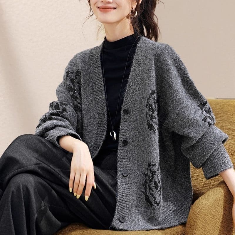 느긋한 바람 회색 오픈 가디건 스웨터 코트 가을 겨울철 루즈핏 슬림해 보이는 캐주얼 V넥 스팽글 니트 오픈 가디건 외부 가져 가라. 이미지 6