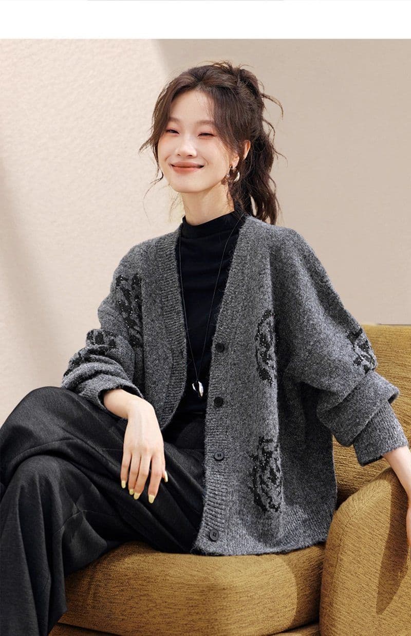 느긋한 바람 회색 오픈 가디건 스웨터 코트 가을 겨울철 루즈핏 슬림해 보이는 캐주얼 V넥 스팽글 니트 오픈 가디건 외부 가져 가라. 상세 이미지 2