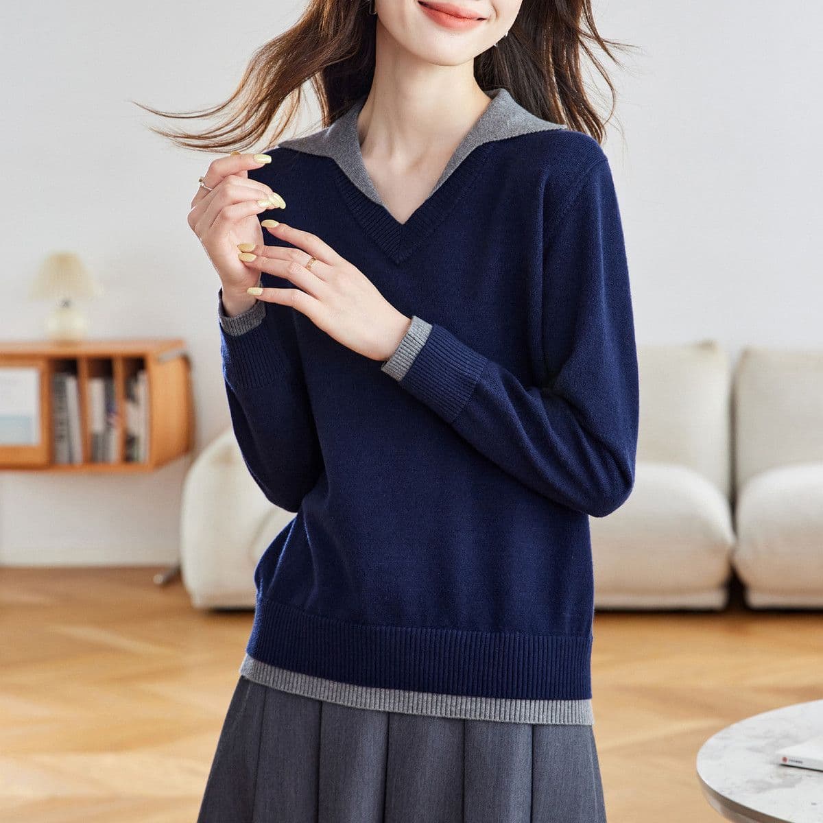 페이크 레이어드 배색 니트 기본 셔츠 여성 봄 가을 새로운 외국 가스 쇼트 스타일 스웨터 루즈핏 연령 감소 다용도 맨위 여성 상세 이미지 9