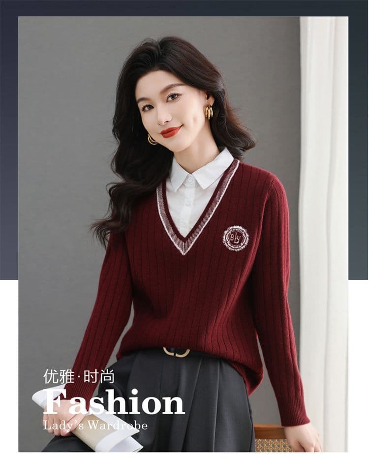 패치워크 페이크 레이어드 스웨터 여자 패션 셔츠 칼라 맨위 봄 가을 새로운 외국 가스 루즈핏 슬림해 보이는 니트 기본 셔츠 상세 이미지 1